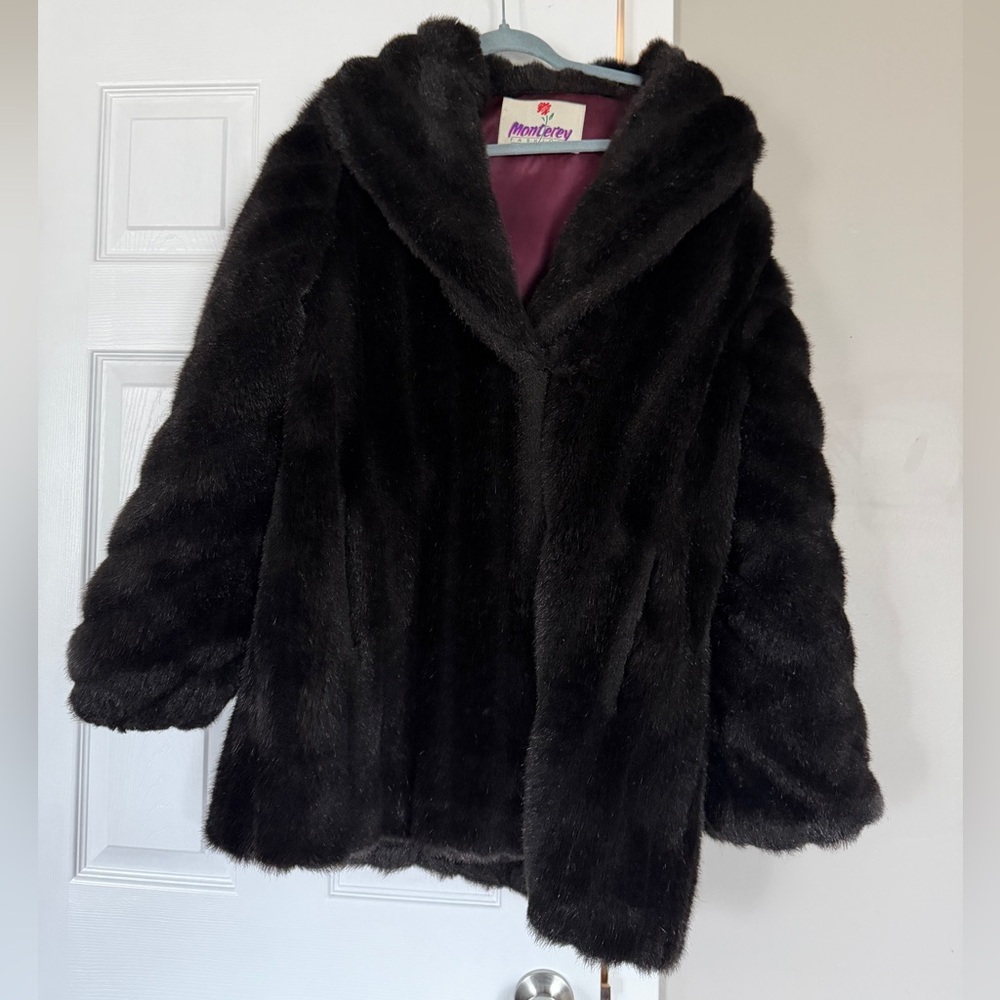 Monterey Fashion Faux Fur Black Coat Vintage Made in USA Size 14 - Picture 1 of 12
